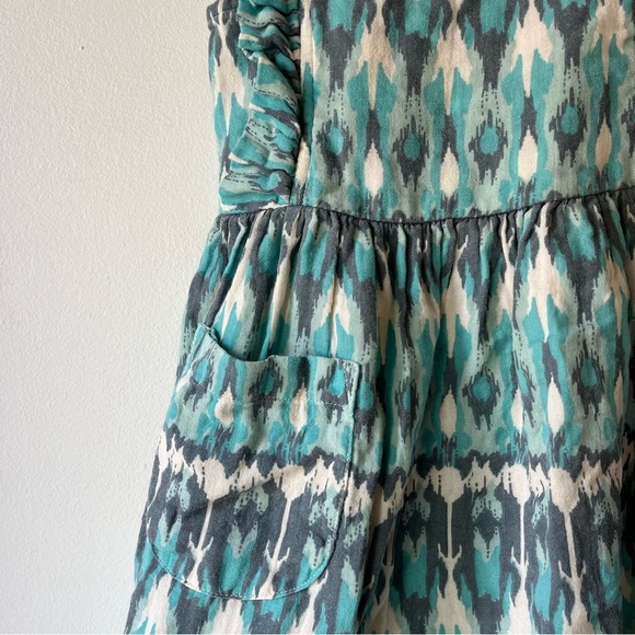 Kate Quinn Girls 4T Ruffle Strap Pocket Dress Teal Gray Ikat Print Summer Outfit - Picture 2 of 8